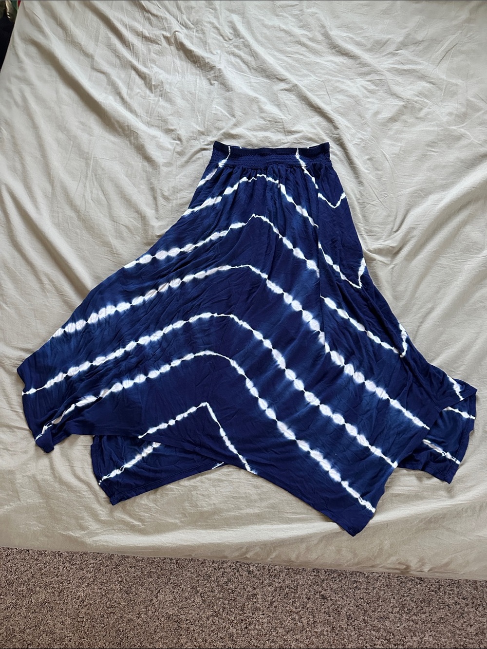 Navy and White Tie-Dye Handkerchief Hem Maxi Skirt - Women